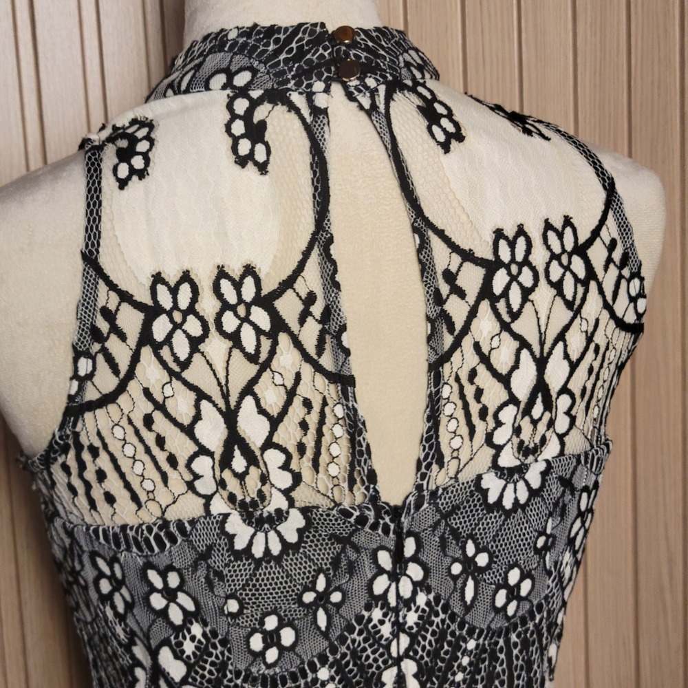 Kensie Womens Black White Lace Overlay Mock Neck Keyhole Back Flare Dress Size 6 - Picture 5 of 10